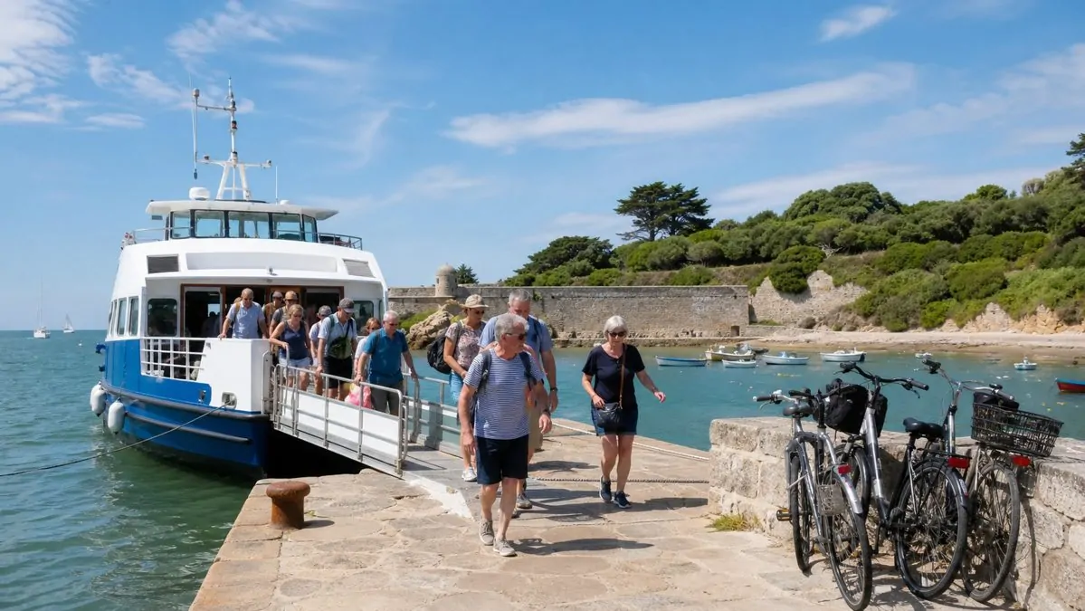 Tourists disembarking from the ferry on Île d'Aix with bicycles for hire on the quay