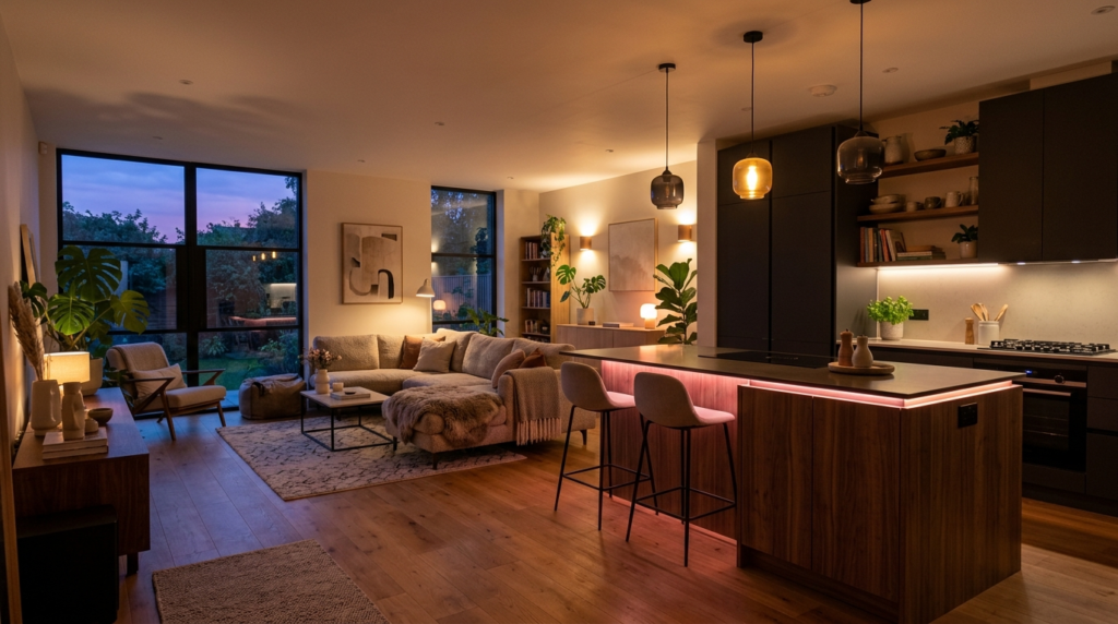 Néon décoratif rose au-dessus d'un plan de travail dans une cuisine moderne