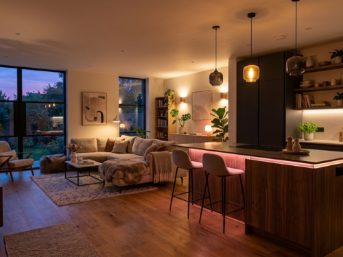 Néon décoratif rose au-dessus d'un plan de travail dans une cuisine moderne