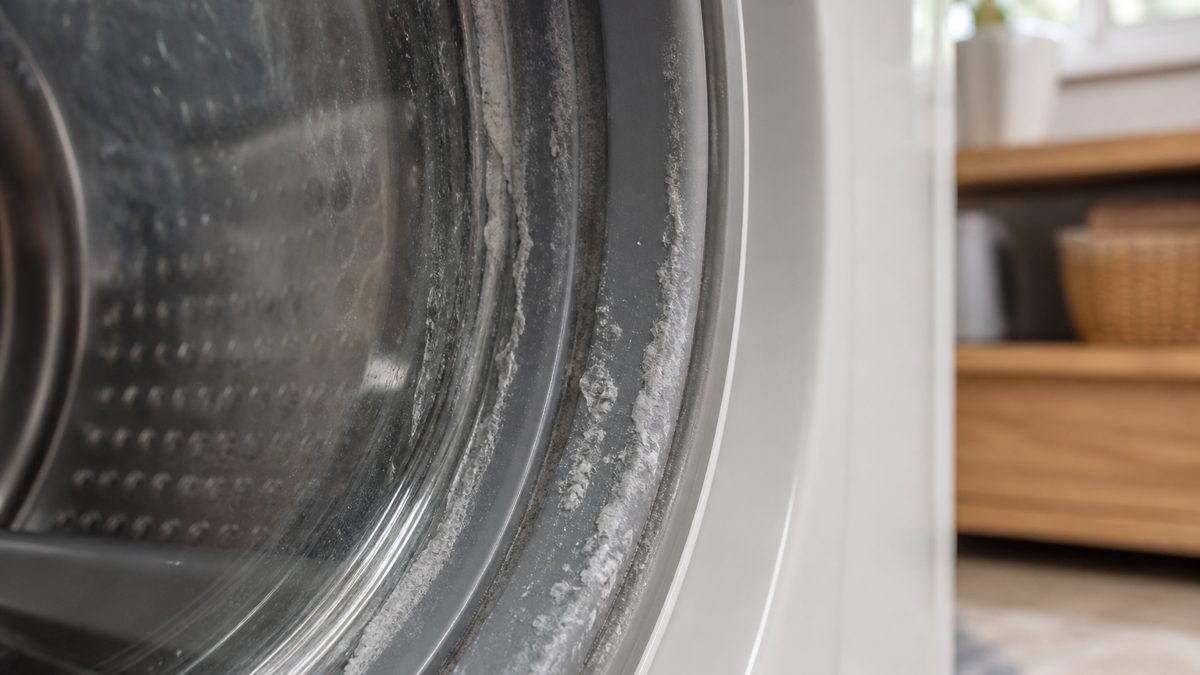 Nettoyer machine à laver : calcaire et dureté de l'eau Dépôts de calcaire visibles sur le hublot et le joint d'une machine à laver