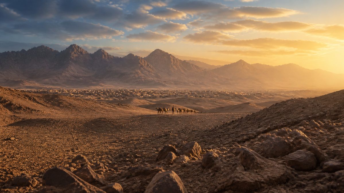 Excursion désert depuis Marrakech Paysage désertique rocheux avec caravane de chameaux au coucher du soleil près de Marrakech
