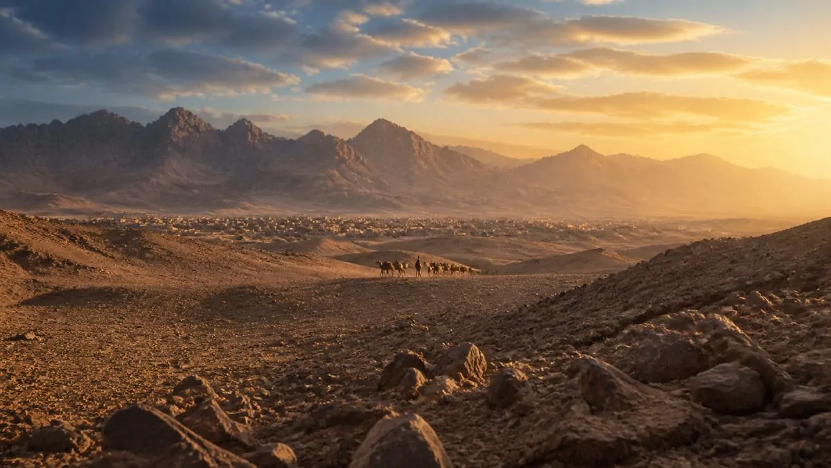 Escursione nel deserto da Marrakech Paesaggio desertico roccioso con una carovana di cammelli al tramonto vicino a Marrakech