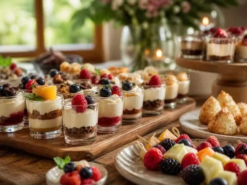 Assortiment de mini desserts et verrines sucrées disposés sur une table de buffet