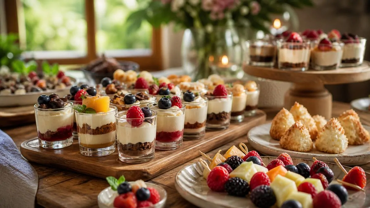 Desserts pour un apéro dînatoire réussi Assortiment de mini desserts et verrines sucrées disposés sur une table de buffet