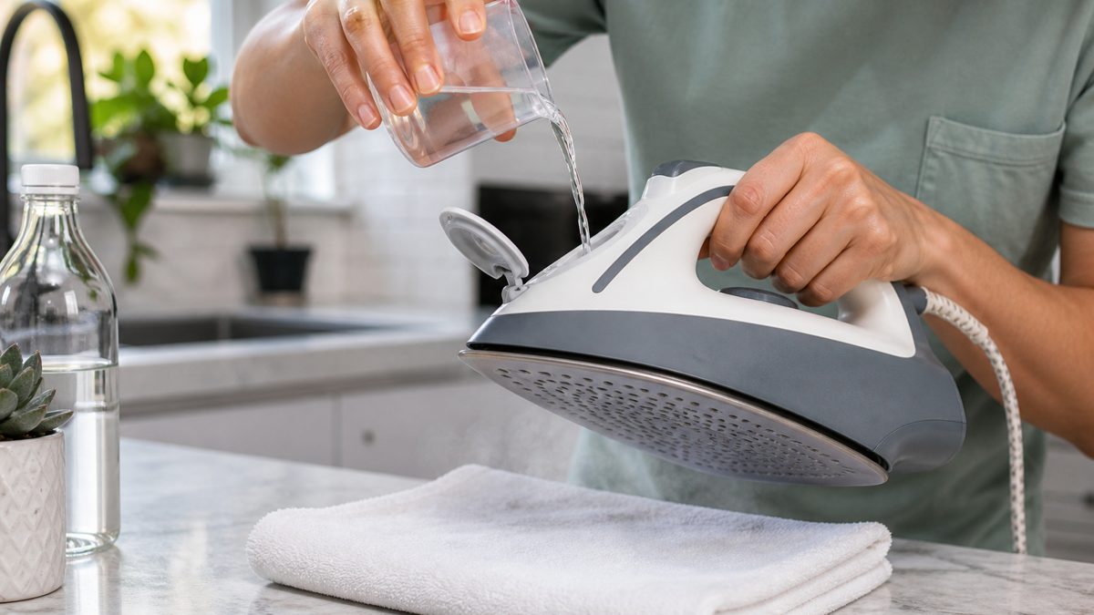 Réservoir d'un fer à repasser rempli d'un mélange eau et vinaigre pour le détartrage