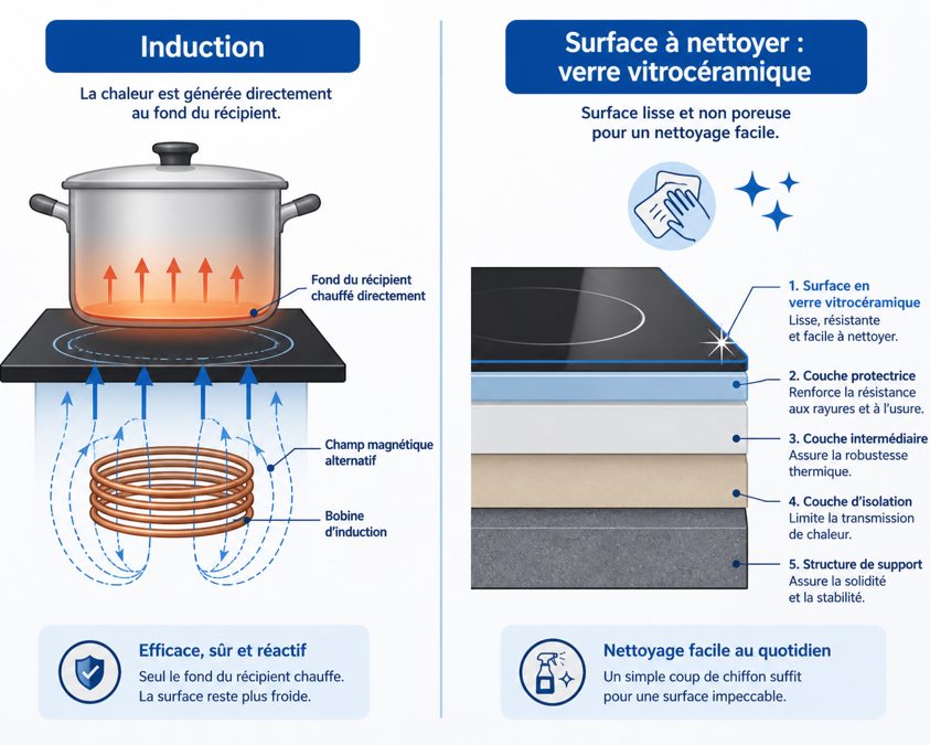Différence induction et surface vitrocéramique Schéma comparant le principe de chauffe par induction et la surface vitrocéramique à nettoyer