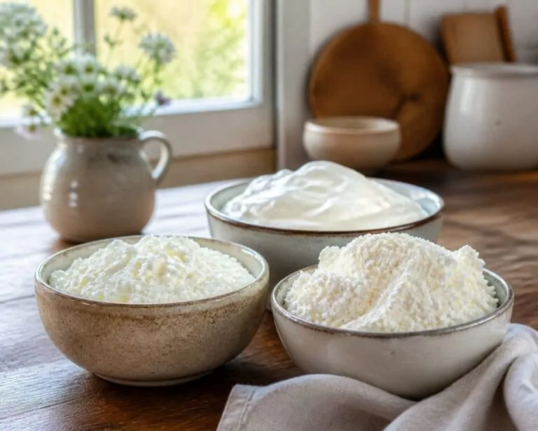 Faisselle, fromage blanc et ricotta présentés côte à côte comme équivalents français du cottage cheese