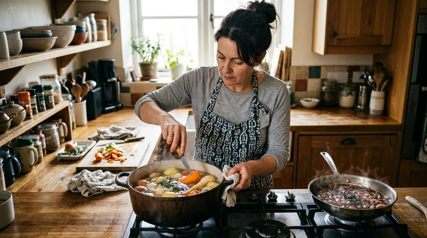 Éviter les erreurs de cuisson courantes Cuisinier vérifiant la cuisson des légumes et surveillant une sauce en préparation