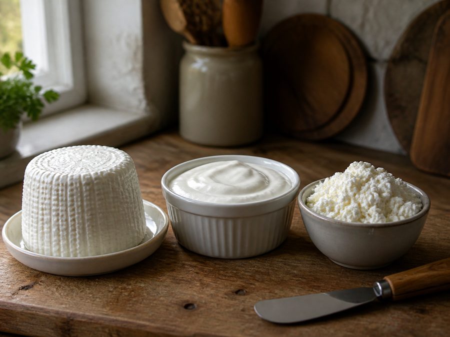 Trois fromages frais français, faisselle, fromage blanc et ricotta, disposés sur un plan de travail
