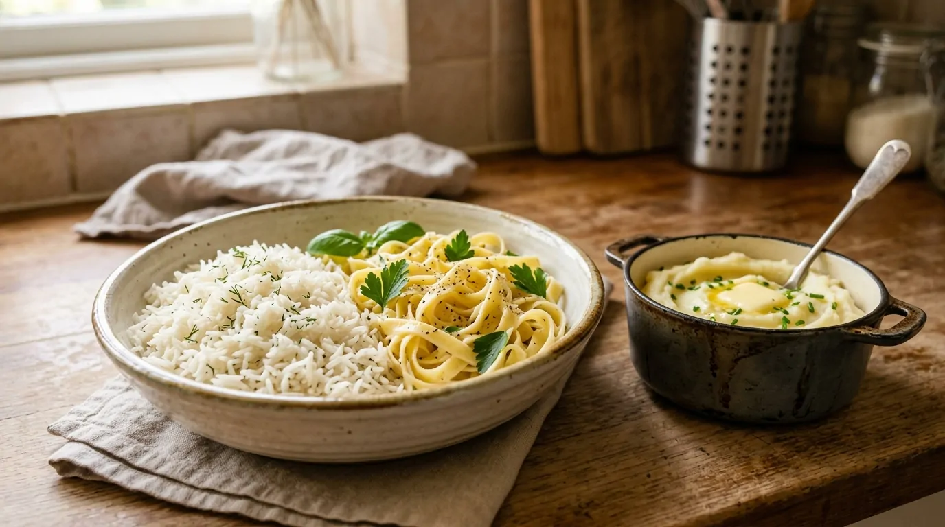 Féculents pour accompagner la paupiette Riz basmati, tagliatelles fraîches et purée de pommes de terre en accompagnement de viande