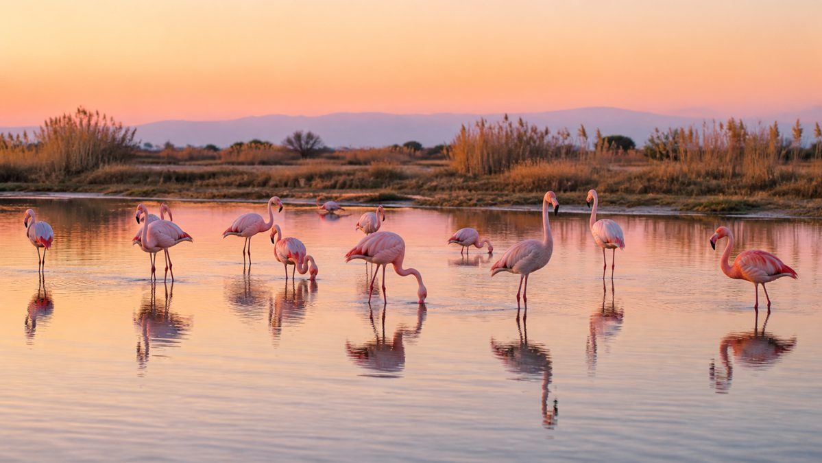Flamants roses en Camargue au printemps, meilleure saison pour un road trip Flamants roses dans un étang de Camargue à la lumière dorée du printemps