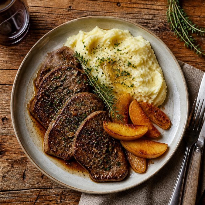 Foie de veau poêlé servi avec purée maison et pommes sautées caramélisées