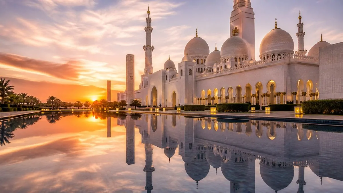 Grande Moschea di Abu Dhabi Una grande moschea bianca con numerose cupole che si specchia in una piscina al tramonto