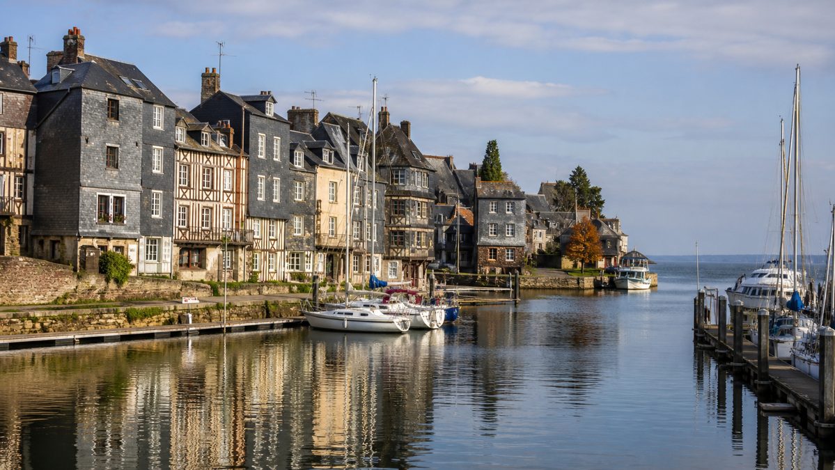 Honfleur et la Côte Fleurie, jour 2 Vieux port normand avec maisons à bardeaux d'ardoise reflétées dans l'eau