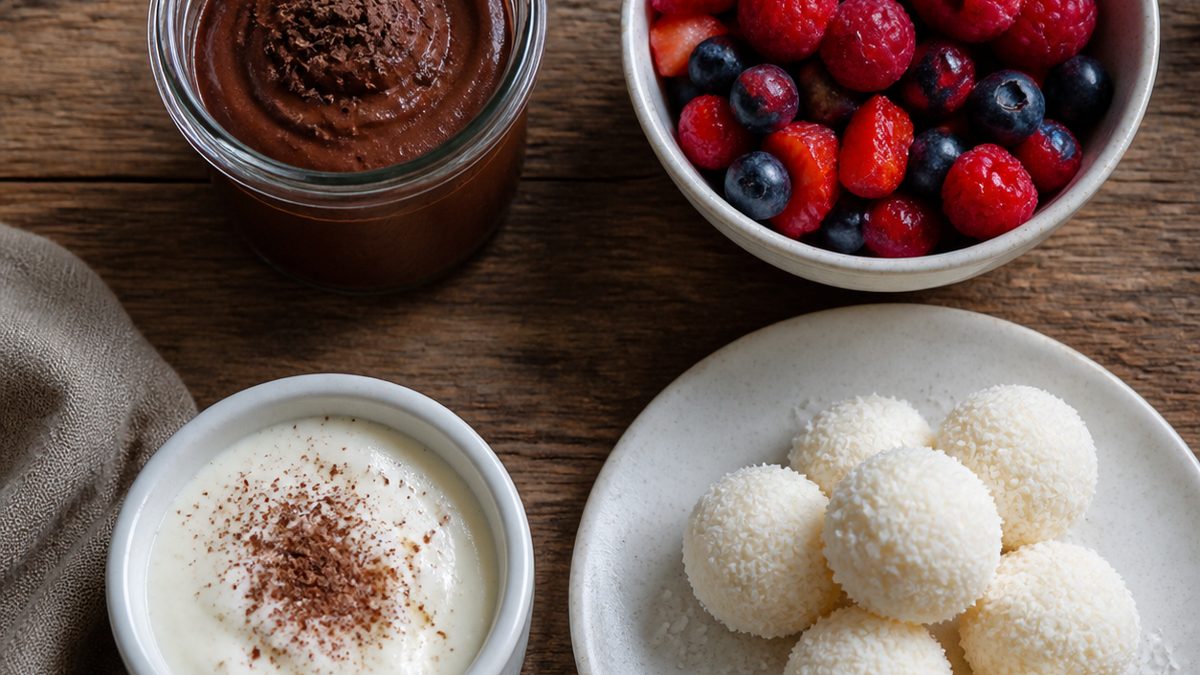 Assortiment de desserts faits maison sans sucre ajouté sur une table en bois