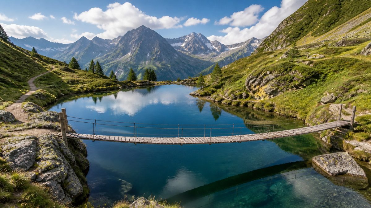 Lacs de Savoie à visiter l'été Petit lac de montagne avec pont suspendu en bois en Savoie