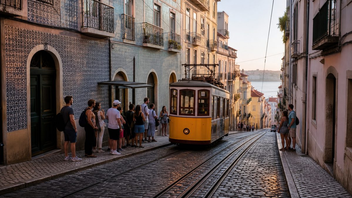 Le tram dans les rues de l'Alfama à Lisbonne Tram jaune vintage montant une rue pavée étroite dans un quartier historique le matin
