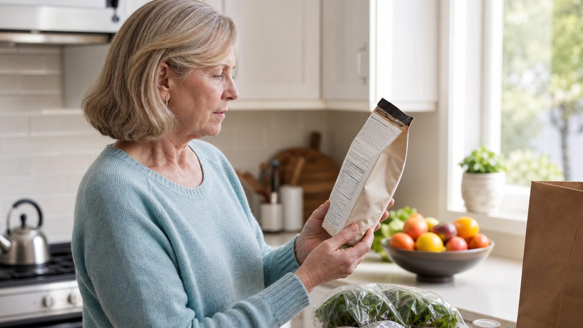 Personne lisant l'étiquette nutritionnelle d'un produit sans sucres ajoutés dans une cuisine