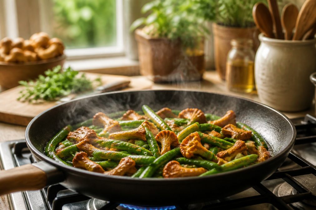 Légumes frais pour accompagner un tournedos Rossini Haricots verts et girolles sautés dans une poêle pour accompagner un tournedos Rossini