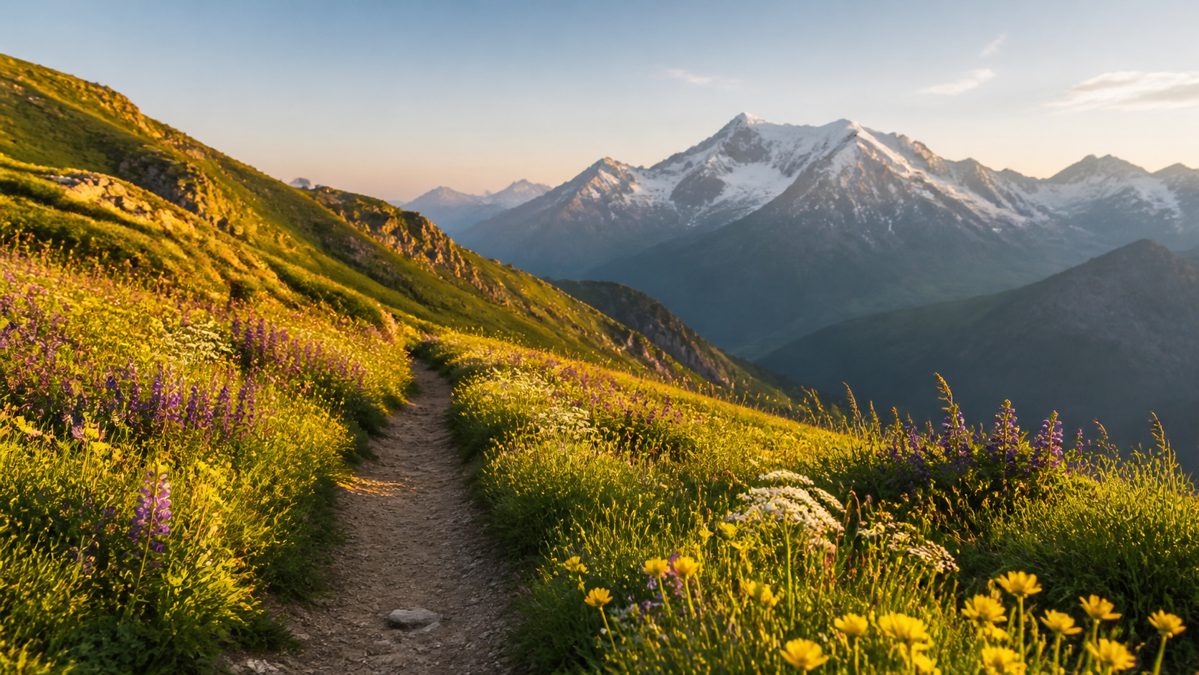 Meilleure période pour visiter la Savoie en été Sentier de randonnée bordé de fleurs sauvages en Savoie au petit matin