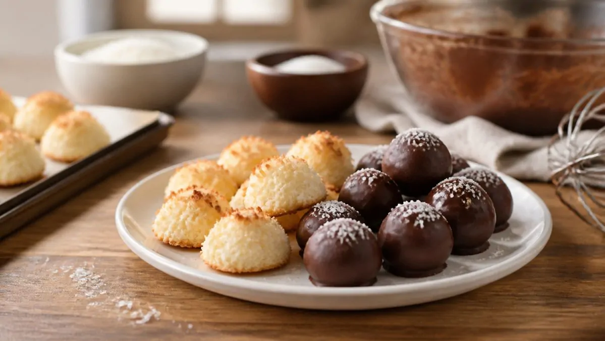 Mini desserts sans cuisson à préparer à l'avance Rochers coco et truffes au chocolat disposés sur une assiette de service