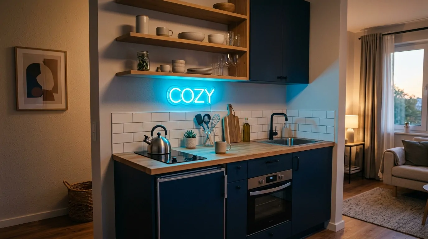Néon déco coin cuisine studio Petit néon compact fixé au-dessus d'un plan de travail dans un studio