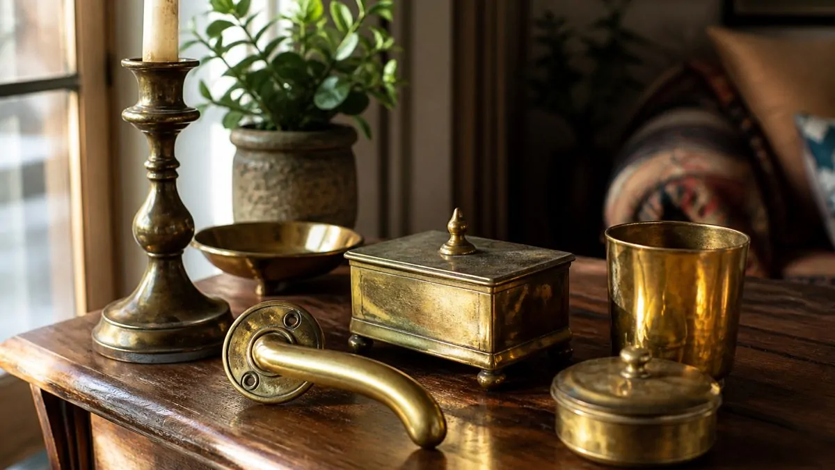 Nettoyer et raviver des objets en laiton à la maison Objets en laiton ternis et brillants sur une table en bois éclairée par la lumière naturelle