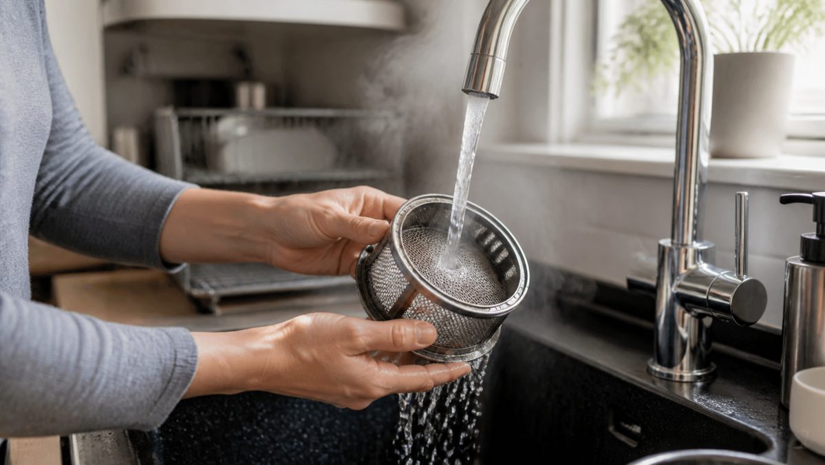 Nettoyer le filtre du lave-vaisselle Rinçage du filtre d'un lave-vaisselle sous l'eau chaude du robinet
