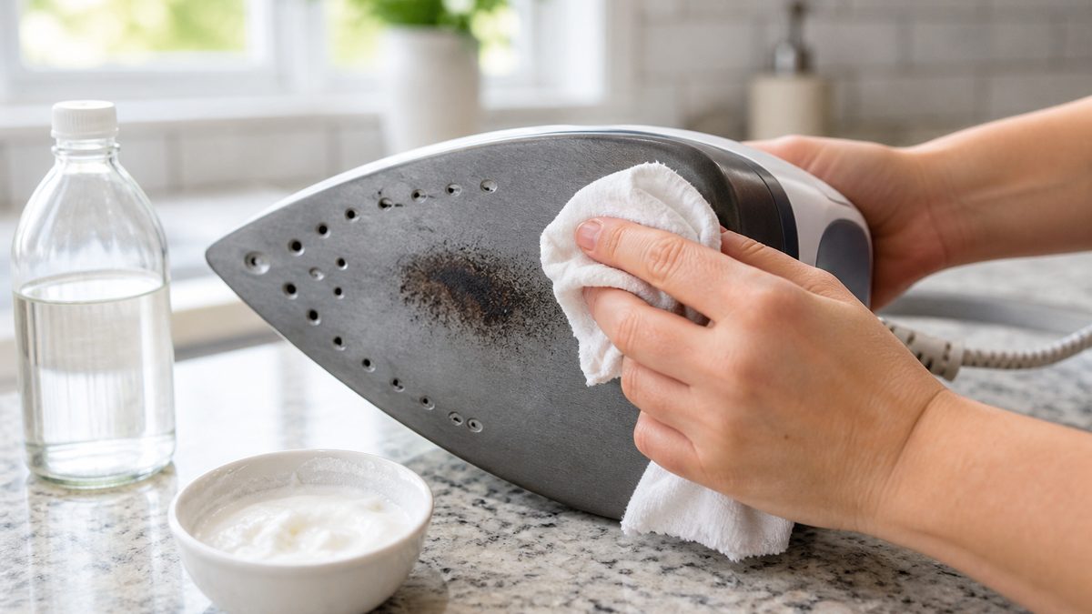 Chiffon imbibé de vinaigre blanc frottant une trace de brûlé sur une semelle de fer