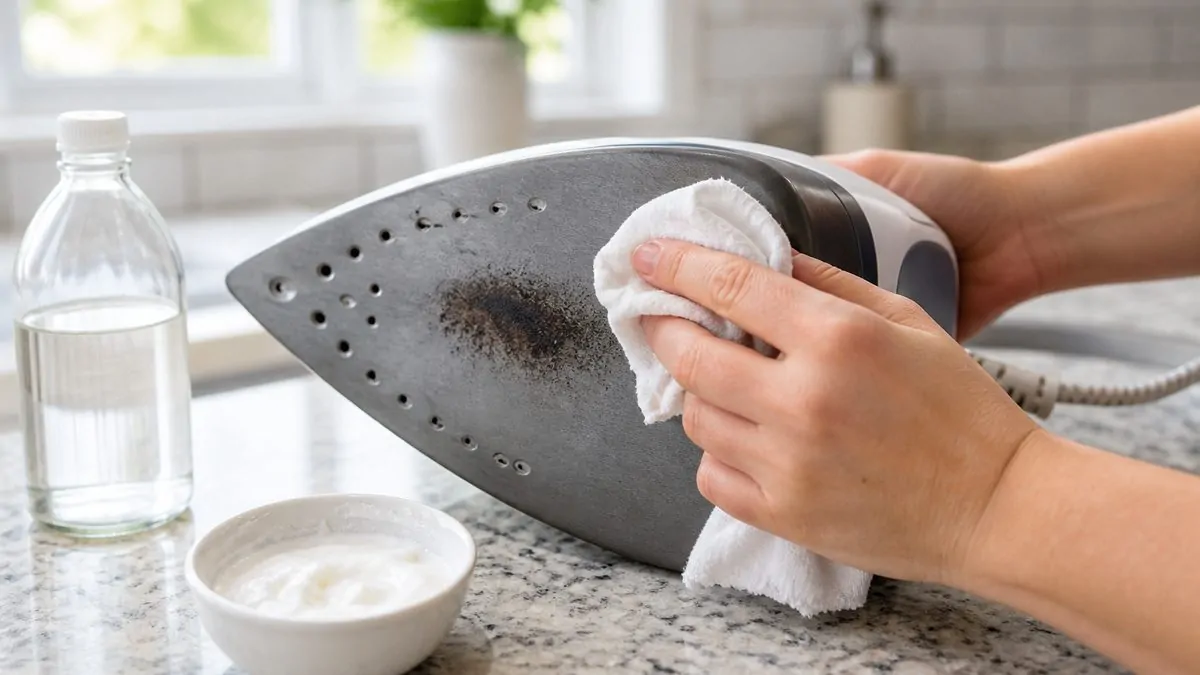 Cleaning a burn mark on the soleplate of the iron A cloth soaked in white vinegar is being rubbed to remove a burn mark from an iron sole