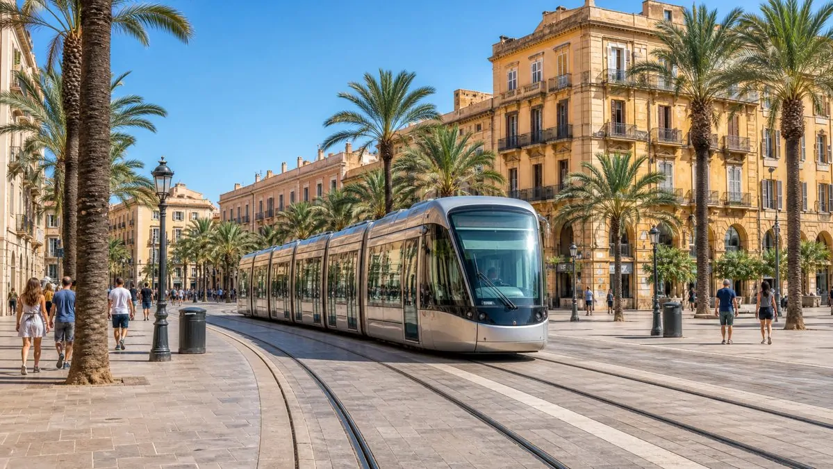 Transport et tramway à Nice Tramway circulant dans une place ensoleillée du centre-ville avec palmiers et façades anciennes