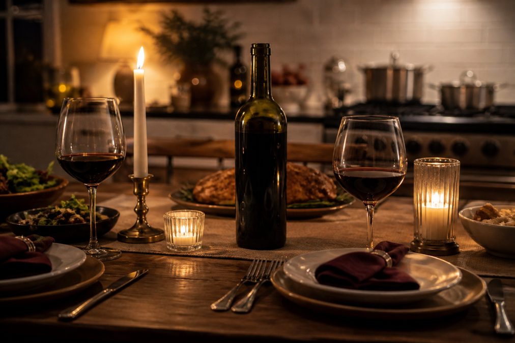 Organisation du repas et accord vin pour tournedos Rossini Table dressée avec un verre de vin rouge devant une cuisine en préparation pour un repas de fête