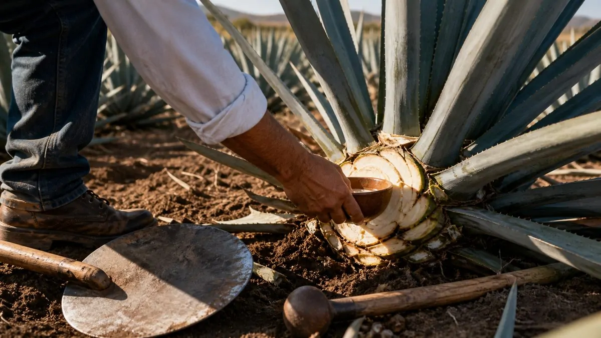Origine et fabrication du sirop d'agave Récolte de la sève d'un cœur d'agave bleue dans un champ mexicain