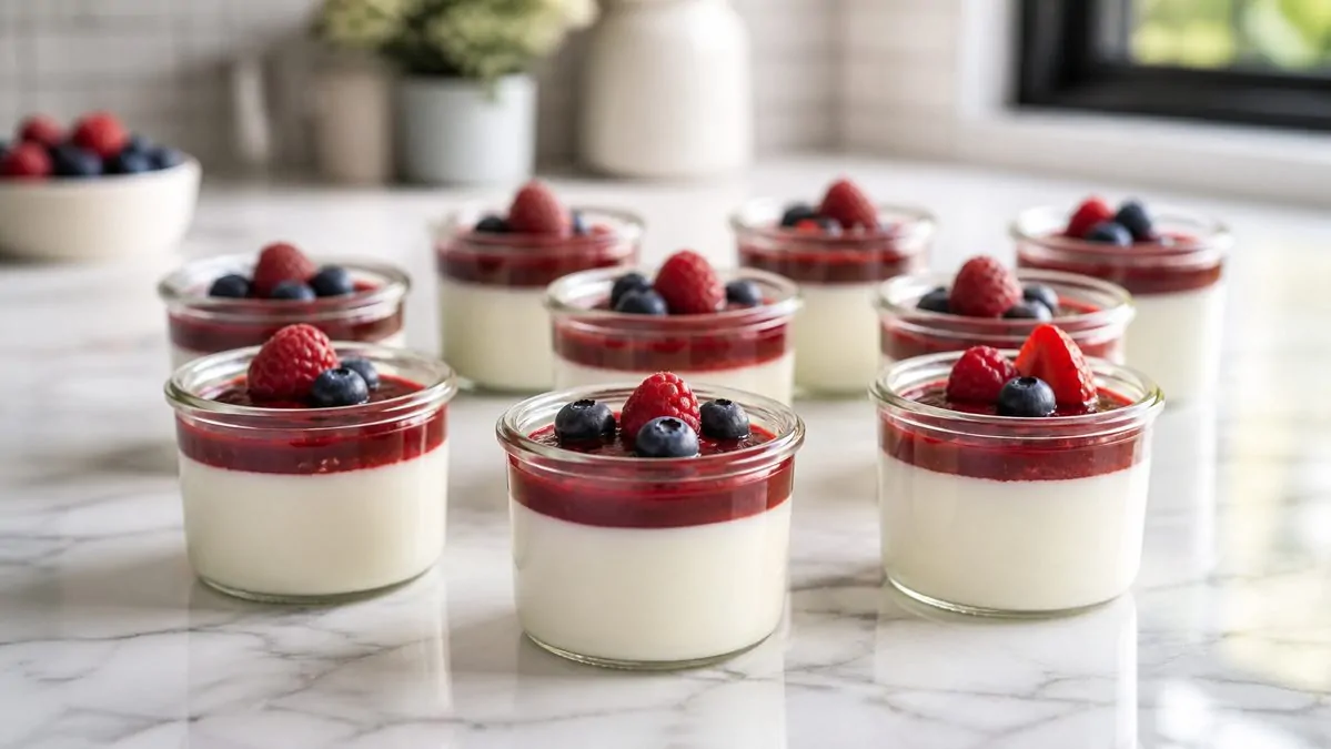 Panna cotta individuelle pour buffet sucré Petites panna cotta en pots individuels garnies d'un coulis de fruits rouges