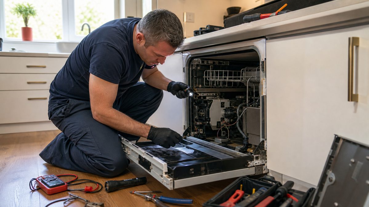 Panne ou entretien du lave-vaisselle Technicien examinant l'intérieur démonté d'un lave-vaisselle en panne