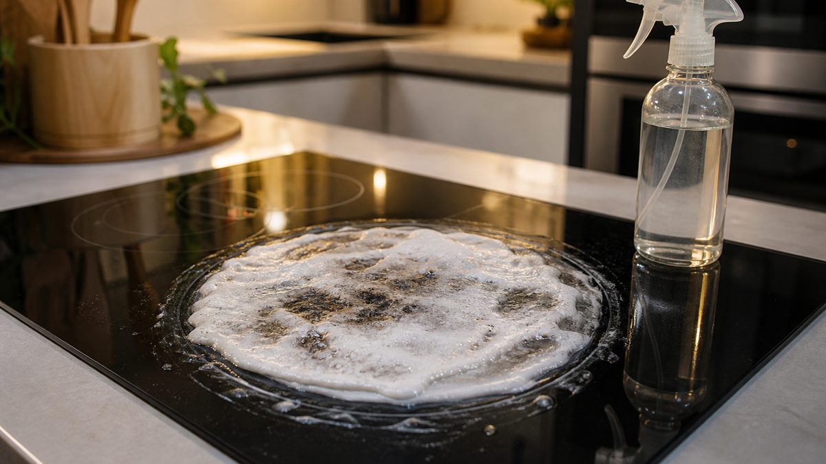 Pâte bicarbonate pour brûlé sur plaque induction Pâte de bicarbonate appliquée sur une tache brûlée d'une plaque à induction avec vaporisateur de vinaigre