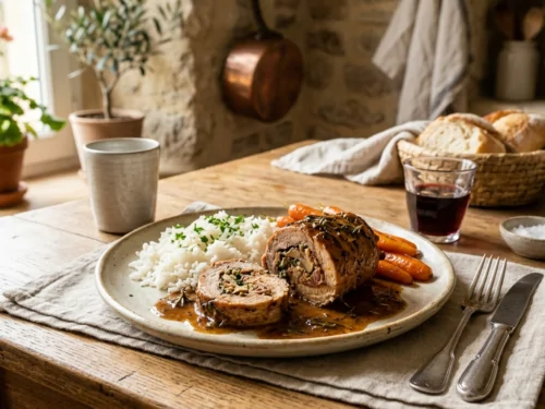 Paupiette de veau tranchée servie avec du riz et des carottes glacées sur une table