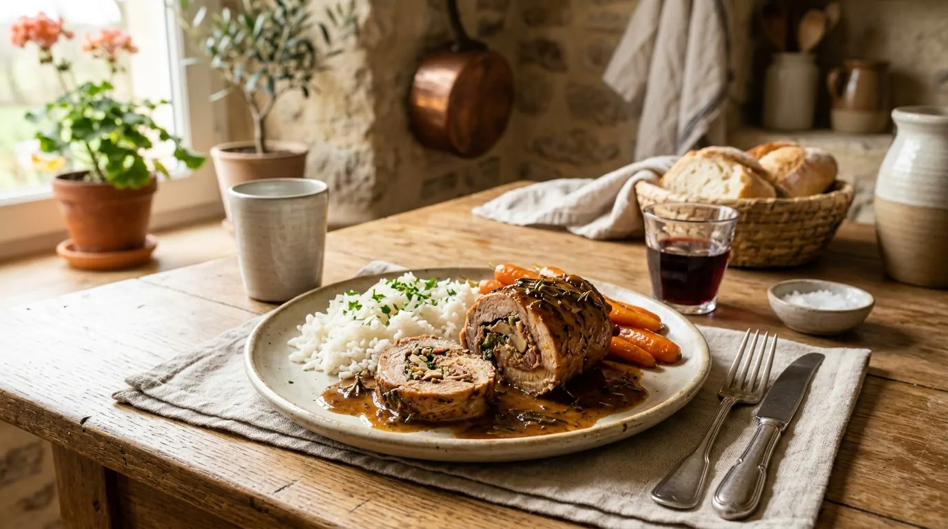 Paupiette de veau et son accompagnement Paupiette de veau tranchée servie avec du riz et des carottes glacées sur une table