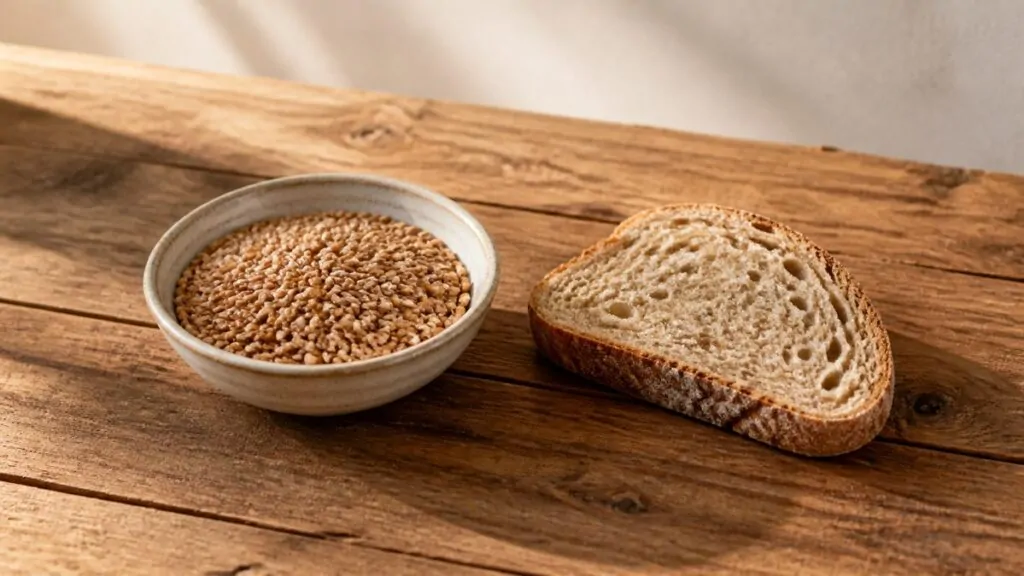 Raw spelt grains and a slice of sourdough bread on a wooden table