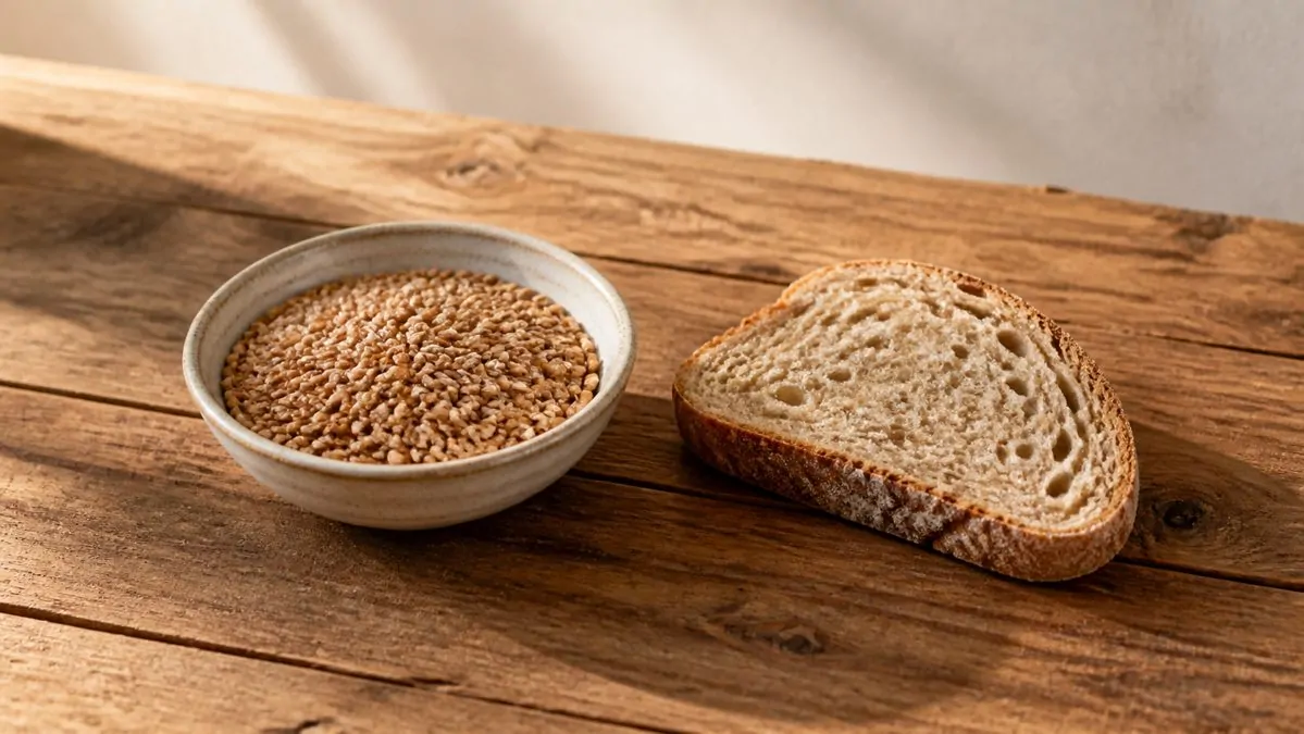 Petit épeautre danger ou pas Grains de petit épeautre crus et tranche de pain au levain sur table en bois