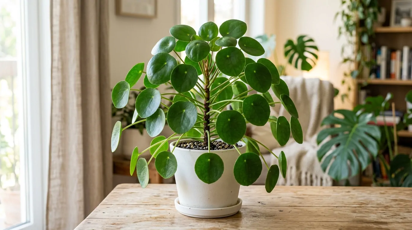 Pilea : origines et particularités de cette plante décorative Pilea avec feuilles rondes dans un salon
