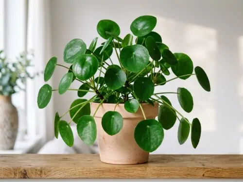 Pilea peperomioides verte dans un pot décoratif