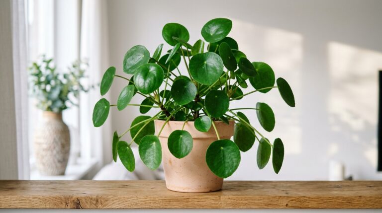 Grüne Pilea peperomioides in einem dekorativen Topf