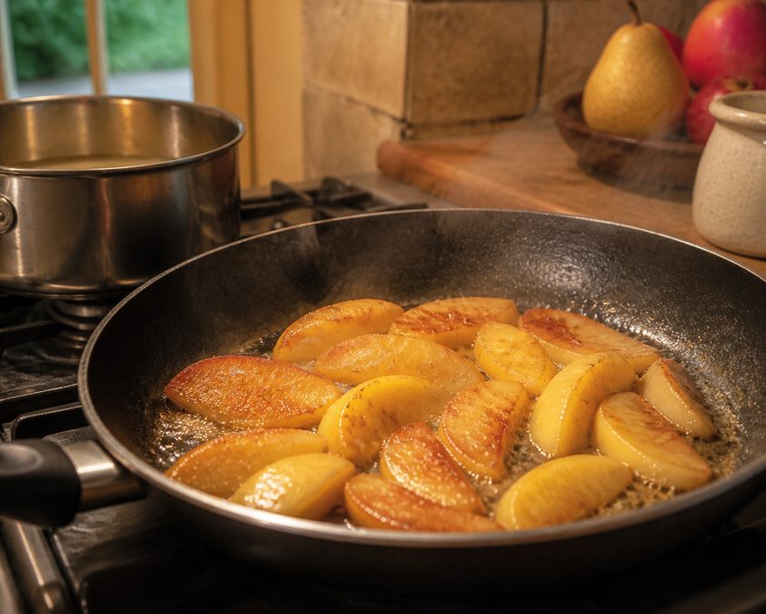 Pommes sautées au beurre pour accompagner le foie de veau Quartiers de pomme dorés au beurre dans une poêle, accompagnement classique du foie de veau
