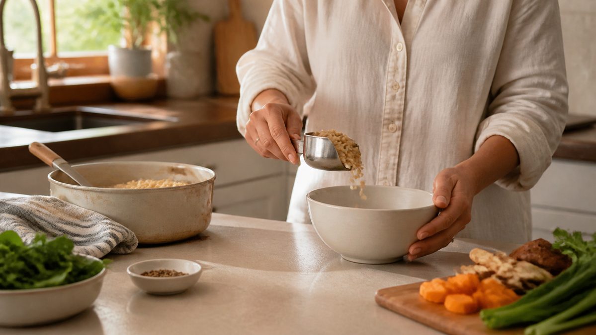 Portion quotidienne de petit épeautre à respecter Mesure d'une portion de céréale cuite dans une tasse doseuse en cuisine