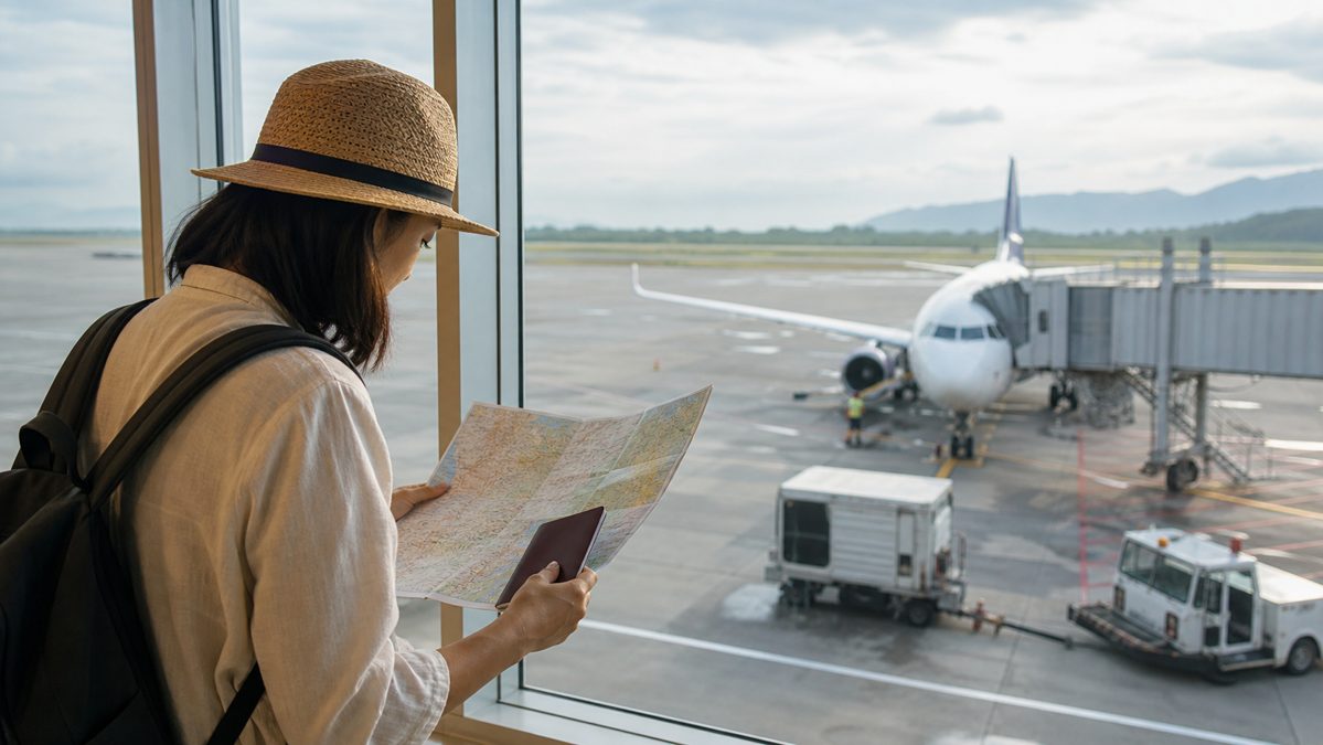 Formalités et saison pour visiter la Turquie Voyageur consultant une carte et un passeport près d'une fenêtre d'aéroport avant l'embarquement
