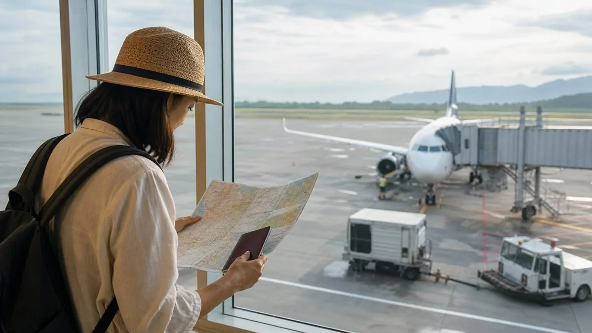 Formalités et saison pour visiter la Turquie Voyageur consultant une carte et un passeport près d'une fenêtre d'aéroport avant l'embarquement