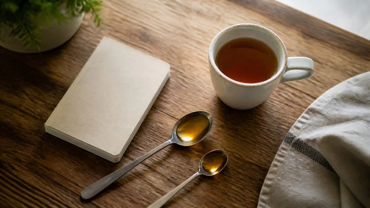 Quantité de sirop d'agave à ne pas dépasser par jour Cuillère à soupe et cuillère à café de sirop d'agave sur une table en bois