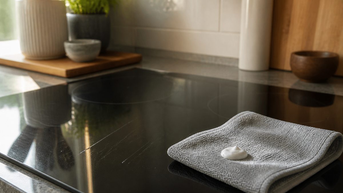 Rattraper une rayure sur plaque induction Chiffon microfibre avec pâte blanche posé près d'une légère rayure sur une plaque à induction