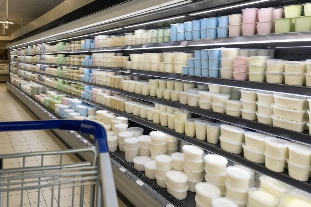 Fresh produce section of a French supermarket with dairy products Refrigerated section of a French supermarket with tubs of fresh cheese and yogurt